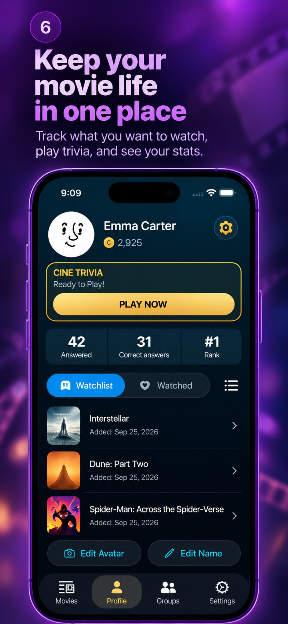 CineTag profile and watchlist